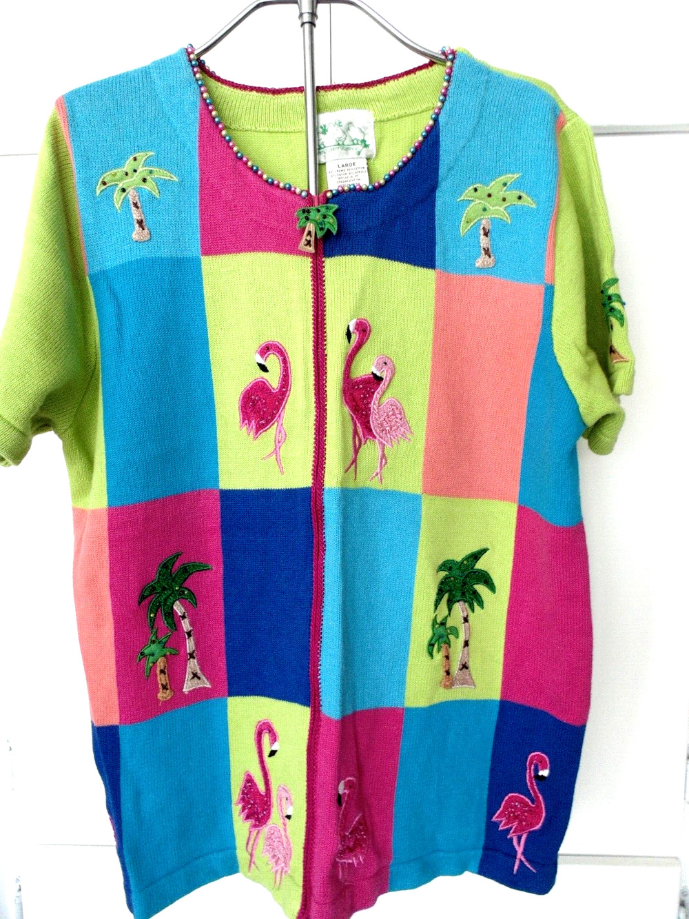 Vtg Pink Flamingo Embroidered Color Block Short Sleeve Cardigan Sweater Womens L